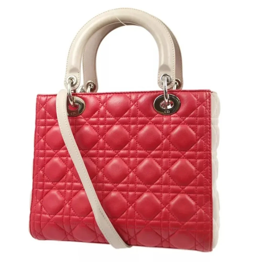 Christian Dior Pink Lambskin Lady Dior Cannage 2way Handbag